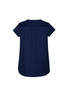 A women's navy blue V-neck pleat blouse with short sleeves and a pleated back detail. It features a branding logo.