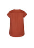 A brown Women's Kayla V-Neck Pleat Blouse with short sleeves and a pleated back detail.