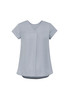 A light blue women's V-neck pleat blouse with short sleeves and a flowy design. It features a branding logo.