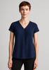 A navy blue women's pleat blouse featuring a V-neck design and short sleeves, with a smooth, flowing fit.