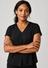 A black women's V-neck blouse with a pleat design, featuring short sleeves and a relaxed fit.