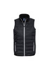 A black puffer vest with a high collar, featuring side zip pockets and a logo on the chest.