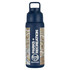 A drink bottle featuring a navy blue design with intricate patterns and a logo. It has a convenient handle.
