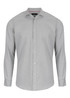 A light grey button-up shirt with long sleeves and a simple collar, featuring a logo on the brand tag.