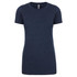 A women's short-sleeve crew t-shirt in navy blue, featuring a simple design and a brand logo.