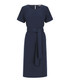 A navy twill dress featuring short sleeves and a belted waist, designed for a stylish look.