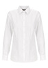 A white button-up women's shirt with long sleeves and a collar, featuring a logo.