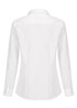 A white button-up women's shirt with long sleeves and a collar, featuring a logo on the back.