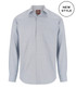 A light blue button-up shirt with long sleeves and a chest pocket, featuring a logo on the collar.