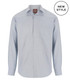 A light blue button-up shirt with a pocket, featuring a collar and a logo on the label.