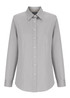 A grey button-up shirt for women with long sleeves and a classic collar, featuring a branding logo.