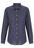 A women's long sleeve button-up shirt in navy blue with a collar and button-down front, featuring a logo.