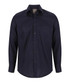 A Navy long-sleeved shirt with a pocket and a collar, featuring a logo on the front.