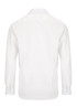A white long-sleeved shirt with a collar and buttoned cuffs, featuring a logo on the back.