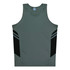 A grey singlet with black side panels and stripes, featuring a branding logo.