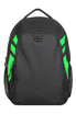 A black backpack with green accents and a side mesh pocket. It features a logo on the front.