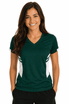 A green and white women's t-shirt with a v-neck and stylish side panel design, featuring a logo.
