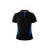 A black polo shirt for women with blue accents and a logo on the collar. Features a classic button-up design.