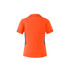 An orange polo shirt with black side accents, featuring a collar and short sleeves. It has a logo on the front.
