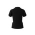 A black polo shirt featuring white side panels and a collar, designed for women with a logo.