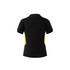 A black polo shirt with yellow side panels and a collar, featuring a branding logo.