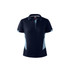 A navy blue polo shirt with light blue accents, featuring a collar and buttons, and has a logo.