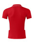A red polo shirt with white side panels and a collar, featuring a logo on the front.