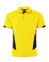 A yellow polo shirt featuring black accents and a logo on the collar.