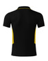 A black polo shirt with yellow side panels and a collar, featuring a logo on the back.