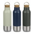 A drink bottle trio featuring sage green, navy blue, and dark green finishes with stainless steel bottoms and cork lids.