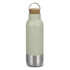 A drink bottle in pale green with a stainless steel base and a cork stopper, featuring a metal loop for carrying.