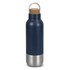 A drink bottle in navy blue with a cork stopper and a stainless steel base. It features a carry loop.