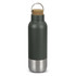 A drink bottle with a matte olive green body, cork lid, and stainless steel base. It features a metal loop for carrying.
