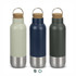 A drink bottle set featuring three models in green, navy, and dark grey with stainless steel bases and cork lids.
