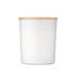 A large white glass candle with a bamboo lid. The design is simple and elegant, suitable for home décor.