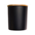 A medium black glass candle with a natural bamboo lid, featuring a smooth, sleek design.