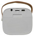 A white mini speaker with a brown strap, featuring ports and a perforated speaker grille.