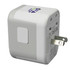 A travel adaptor in white with a square design and a branded logo on one side.