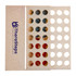 A wooden game featuring a grid of coloured tokens in red and blue, housed in a branded beige box.