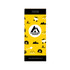 A drink bottle designed with a yellow background featuring various mining-themed graphics and a logo.