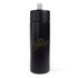 A drink bottle in matte black with a silver lid and a logo on the front.