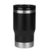 A drink bottle featuring a black finish with a stainless steel base and a removable lid, showcasing a sleek design.