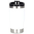 A drink bottle featuring a stainless steel base and a white body with a black lid. It includes a logo.