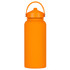 A drink bottle in vibrant orange, featuring a rubber-coated exterior and a screw-on lid with a handle.