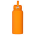 A drink bottle in vibrant orange with a rubber coated finish and a silver cap feature. It includes a handle for easy carrying.