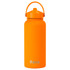 A drink bottle in bright orange with a rubber-coated exterior and a handle. It features a logo on the front.