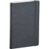 A dark grey, carbon fibre textured journal featuring an elastic band closure and a sleek design.