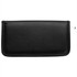 A black travel wallet with a sleek design, featuring a zip closure and a branding logo.