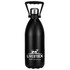 A drink bottle in matte black stainless steel with a silver insulated lid and a handle. Features a logo.