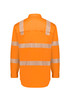 High-visibility orange men's work shirt featuring segmented reflective tape on the back. Includes a logo.